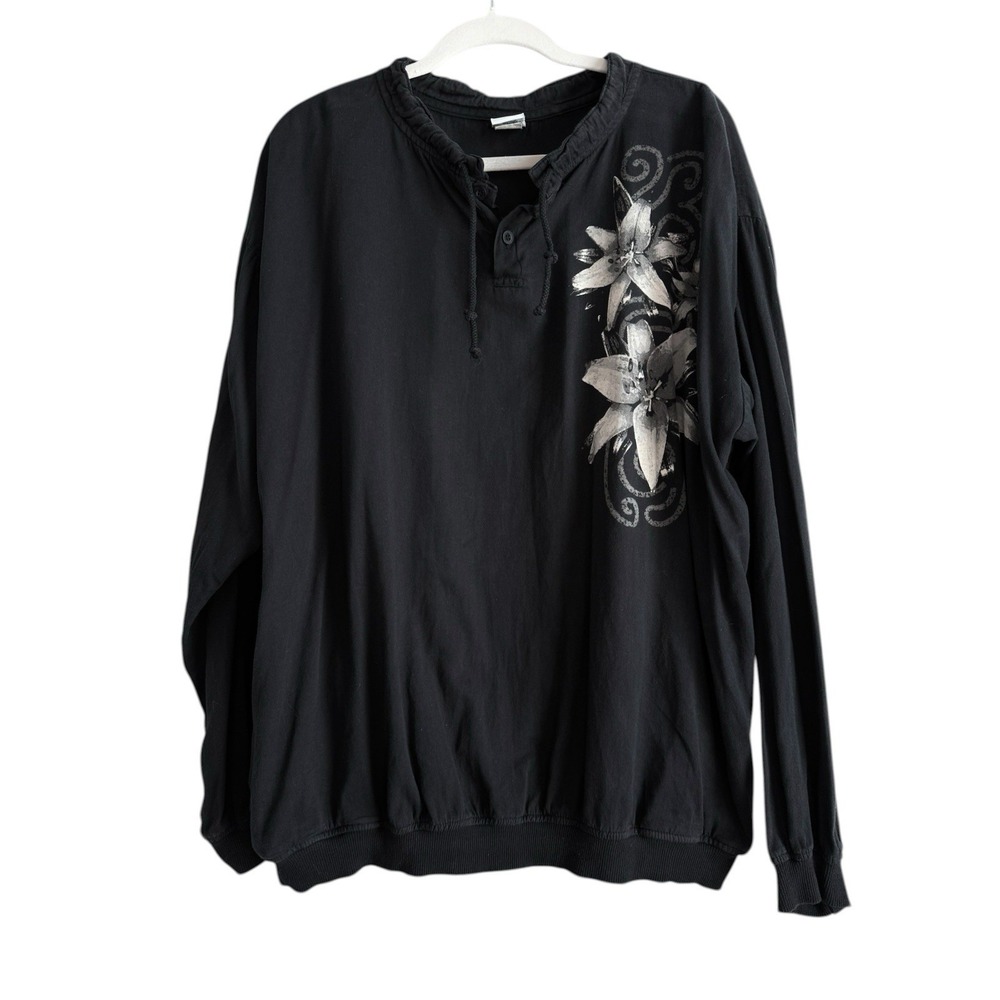 Crazy Shirts Hawaii Lilies Long Sleeve Henley Hand Dyed Black Pullover Adult XXL